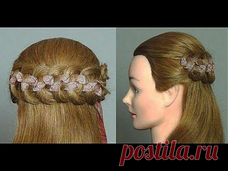 Прическа. Коса с лентой &quot;Шахматка&quot;. Checkerboard Braid Hairstyle - YouTube