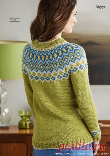 Спицы.Пуловер с жаккардовой кокеткой