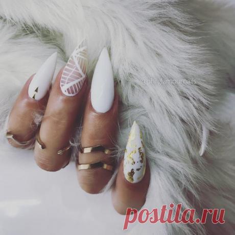Белый маникюр на острые ногти (47 фото)