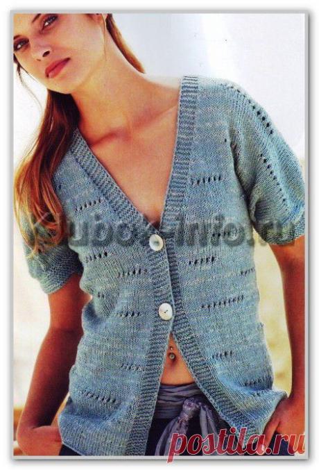 Вязание спицами. Женские модели. Летний классический жакет с короткими рукавами, с V-вырезом, на двух пуговицах. Размеры: 46 (50; 54)