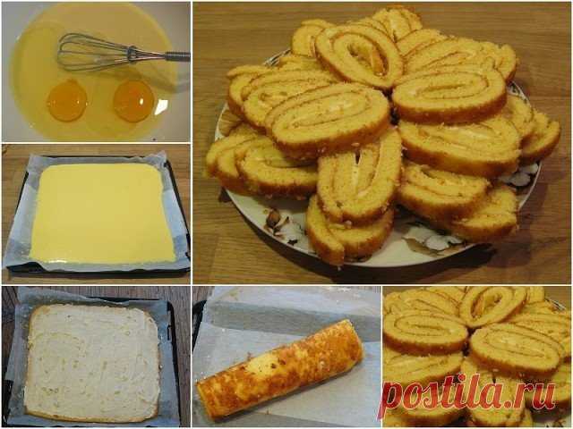 Вкусный рулет на сгущенке 
Легкое и очень быстрое в приготовлении лакомство к чаю. 
Ингредиенты: 
1 банка сгущенного молока,
2 куриных яйца,
250 г  муки,
половина чайной ложки соды гашеной лимонном соком,
щепотка соли.
Для начинки вареная сгущенка или творог с изюмом или курагой.
Приготовление: 
1. Взбить яйца со сгущенкой. Постепенно всыпать муку, соль и добавить соду гашеную соком лимона. 
2. Противень выстелить пергаментом или силиконовым ковриком. Если вы используете пергамент, то его необх