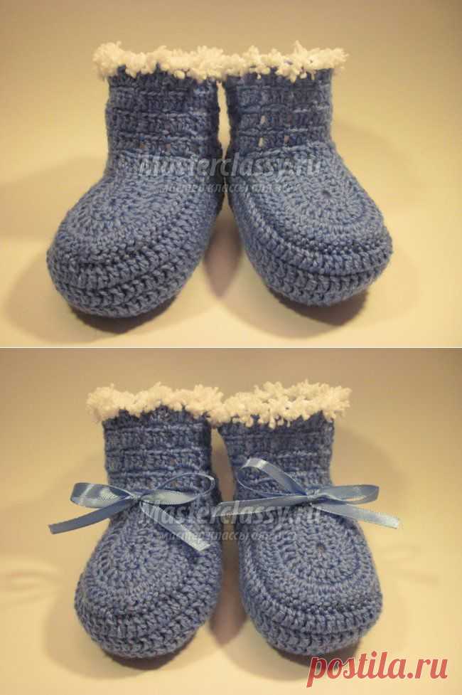 Теплые пинетки для мальчика. Мастер класс по вязанию с фото