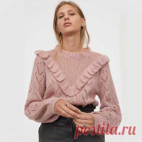 Джемпер с вязаными рюшами и сетчатой кокеткой (схема узора)
