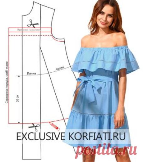 Выкройка платья с открытыми плечами на резинке от А. Корфиати Выкройка платья с открытыми плечами на резинке. Используйте принцип моделирования такого фасона, и создавайте свои собственные "воздушные" шедевры. В моделировании и пошиве такого платья нет никаких сложностей, поэтому вы сможете самостоятельно сшить его буквально за час. По верху лифа выполнена широкая кулиска.