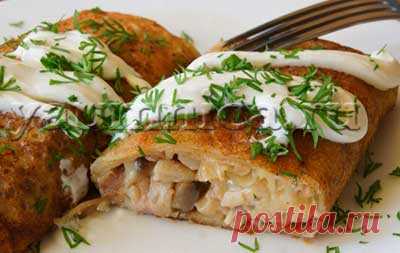 Рецепт блинов с курицей, сыром и грибами