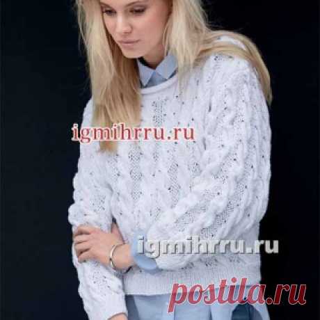 Белый пуловер с объемными косами - МирТесен