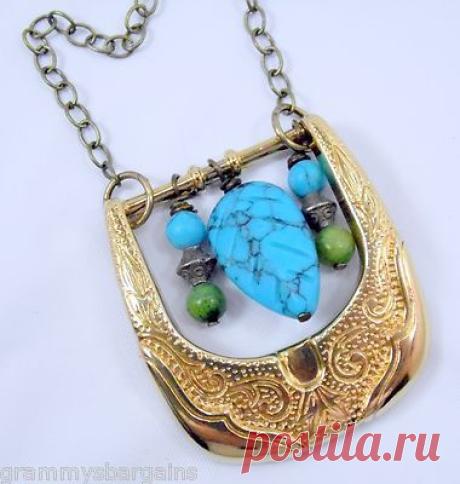 Beaded Western Belt Buckle Necklace Pendant Brass Turquoise Cowgirl Jewelry