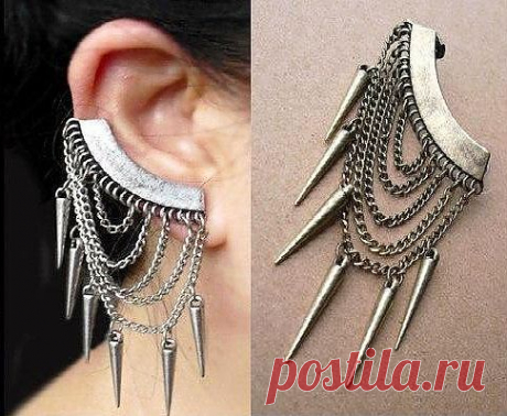 Кафф Пластина крепится через стандартный прокол мочки уха и манжетой сбоку