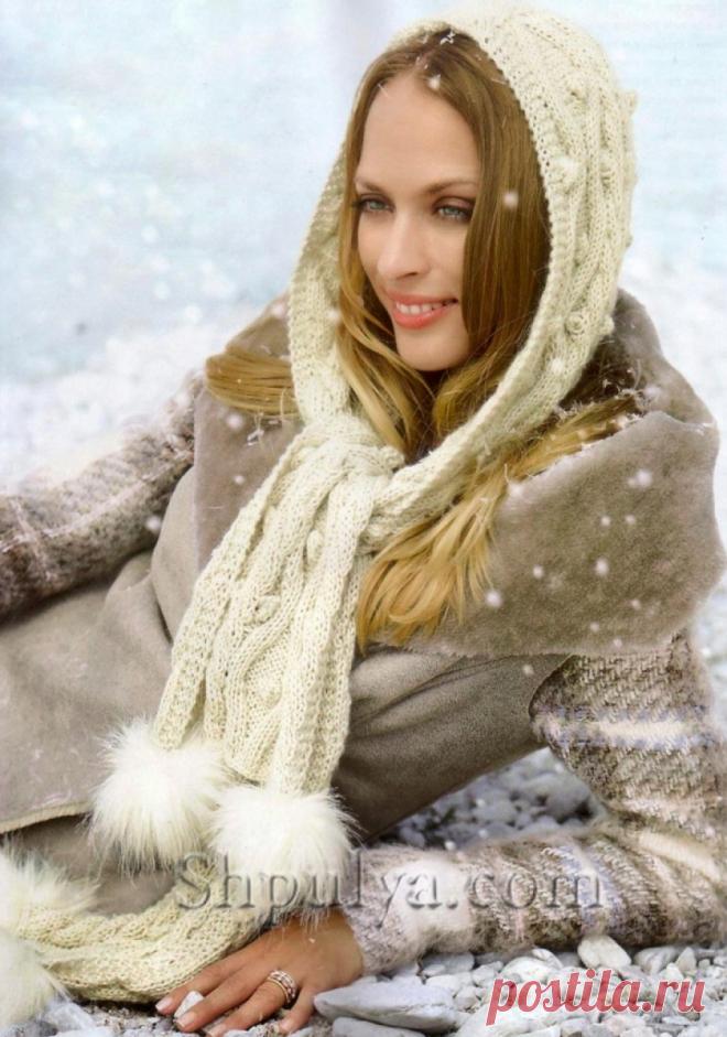 Шарф-капюшон с меховыми помпонами - SHPULYA.com