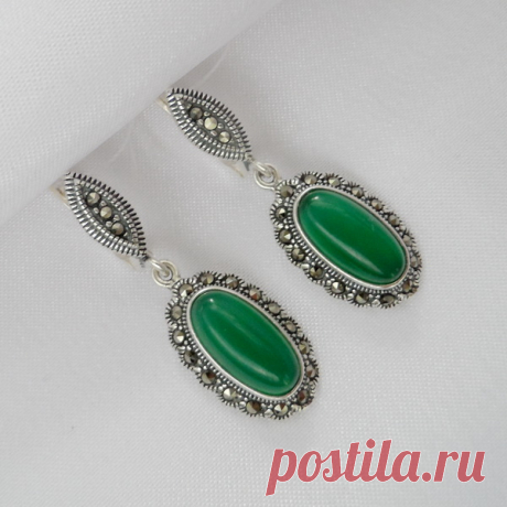 Серебряные серьги с натуральным Агатом и Марказитами