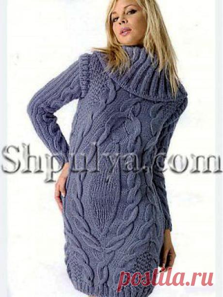 Синее рельефное платье с большим воротником — Шпуля - сайт о вязании