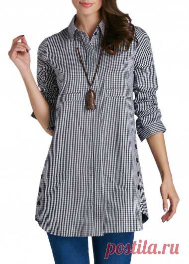 Curved Turndown Collar Button Up Plaid Print Shirt | liligal.com - USD $29.69