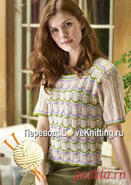 Ажурный пуловер 
В чудесном пуловере с короткими рукавами и квадратным вырезом горловины от дизайнера Mary Henderson видны традиционные элементы шотландского вязания.
Размер: 8-10/12-14/16-18/20-22/24-26/28-30
ОГ: 81…