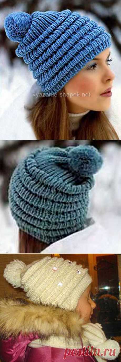 Зимняя шапочка спицами со складочками и помпоном | ВЯЗАНИЕ ШАПОК: женские шапки спицами и крючком, мужские и детские шапки, вязаные сумки