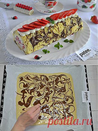 Рулет с клубникой и с кремом из маскарпоне - рецепт с фотографиями