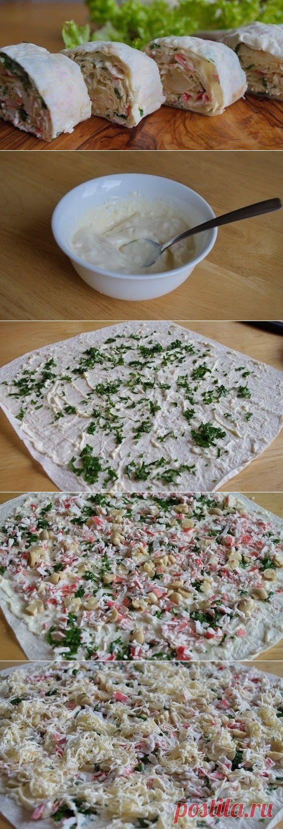 Как приготовить рулет из лаваша с крабовыми палочками и маринованными грибами - рецепт, ингридиенты и фотографии