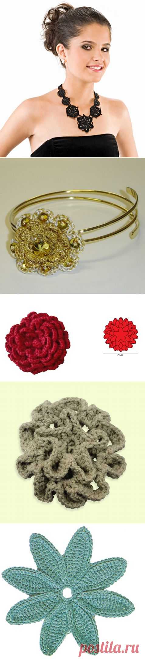 Вяжем крючком цветы, делаем аксессуары и украшаем одежду. Идеи и схемы