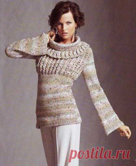 Пуловер с кокеткой из полупатентного узора, связанный спицами. Модели для женщин