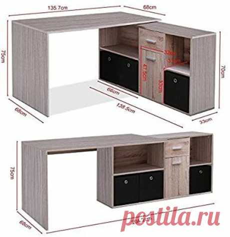 Popamazing Large Corner/Straight Computer Desk with Storage Cabinet/Drawer/Basket Oak Finish