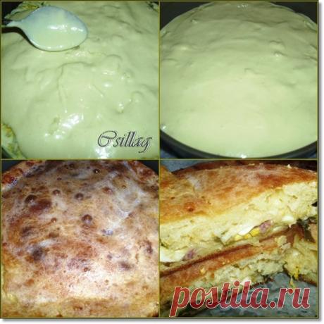Быстрый (заливной) пирог с зеленым луком, яйцами,беконом и сыром