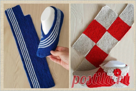 Простые тапочки спицами - из квадратиков и прямоугольников - схемы сборки и описание - в копилку мастериц