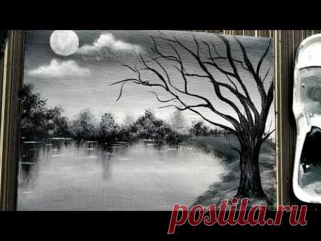 Easy Black &amp; White Landscape Painting Tutorial for Beginners|| Acrylic Painting Techniques - YouTube