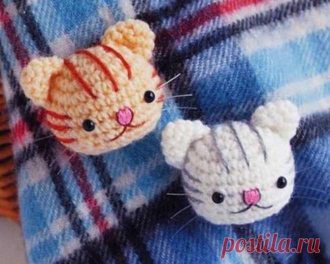Брошь Котик крючком | Кот и кошка