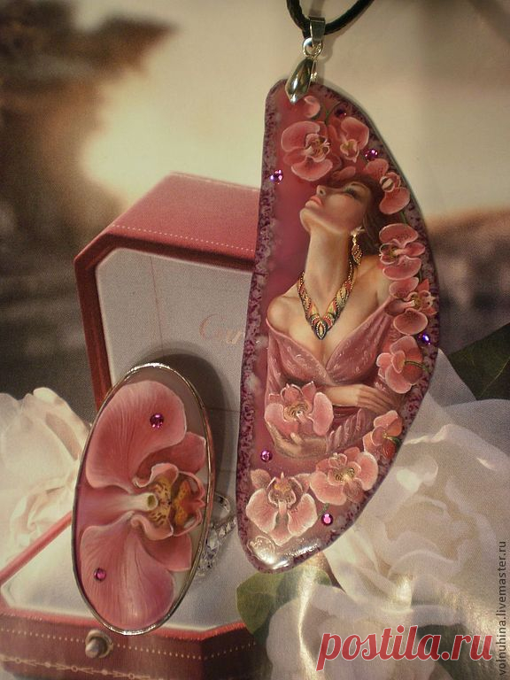 Комплект украшений "В цветочном плену" - розовый,агат тонированный,лаковая миниатюра