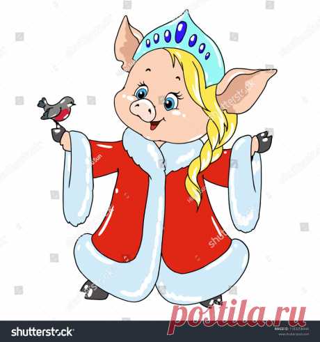 Cute pig in the Snow Maiden costume. Pig cartoon character for postcard. Congratulations on Christmas. Chinese New Year.