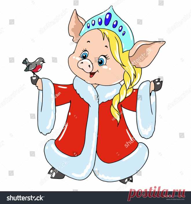 Cute pig in the Snow Maiden costume. Pig cartoon character for postcard. Congratulations on Christmas. Chinese New Year.