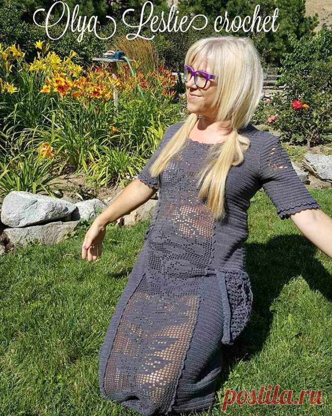 Роскошное платье филейным вязанием от olyalesliecrochet.