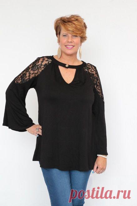 Don't Stay Away Keyhole Top With Lace Shoulder And Bell Sleeves In Black - Size 12-20