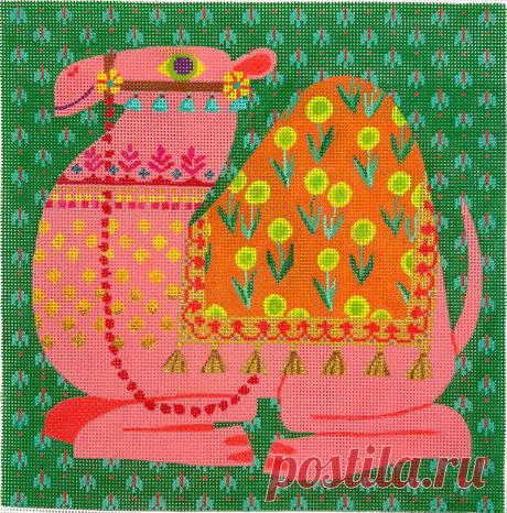 SHS-PL-04 Camello rosa coral con manta de flores naranjas - Punto de aguja BeStitched