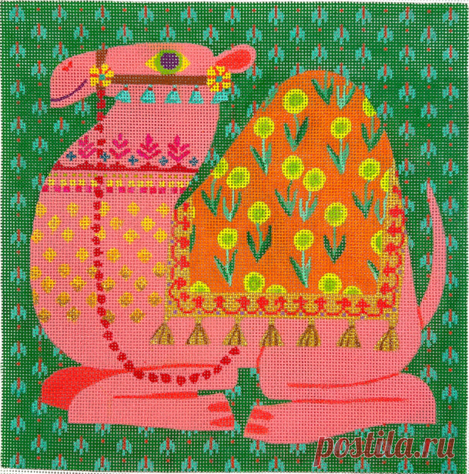 SHS-PL-04 Camello rosa coral con manta de flores naranjas - Punto de aguja BeStitched