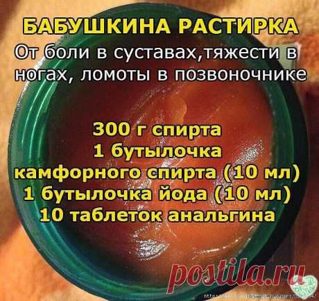 БАБУШКИНА РАСТИРКА
Моя бабушка в 82 года понятия не имела, что такое боли в суставах, тяжесть в ногах, ломота в позвоночнике. А причиной этому всему ее чудодейственная растирка. Воистину, лучшего средства я еще на себе не испытывала.
Заболела как-то шея, да так, что даже сидеть долго не могла, и бабушка предложила мне свою чудо-растирку. Не поверите, через два дня я почувствовала такое облегчение, как будто мешок камней с плеч свалился. А через четыре дня вообще забыла, что когда-то шея болела.