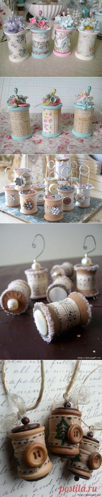 Катушки для ниток. Украшения и игольницы