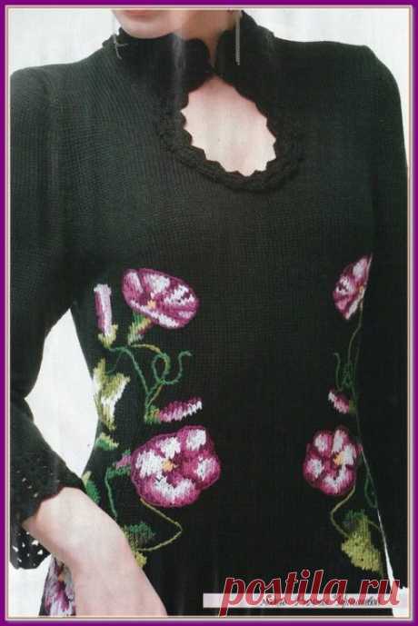 Вышивка по трикотажу: Платье с цветами "Вьюночки"