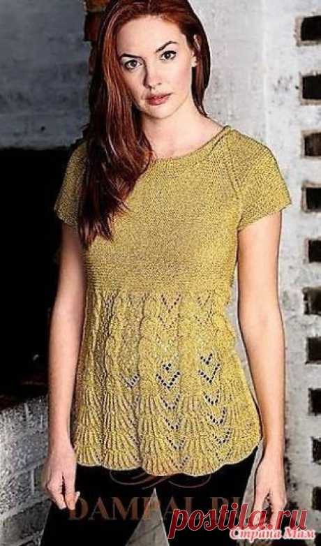 Летняя кофточка «Fiesta». Спицы. Летняя кофточка с коротким рукавом «реглан» выполнена платочной вязкой и рисунком из комбинации ажура и жгутов.