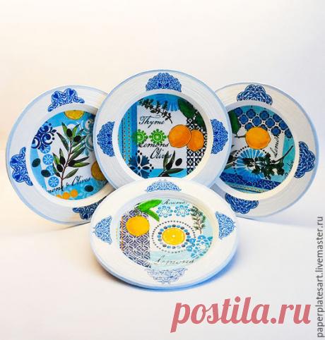 Лимонный набор из 4-x тарелочек - тарелки ручной работы, панно настенные, панно на стену, панно декоративные, декор для интерьера, из газетных трубочек, декор для дома, декор стен, тарелки настенные, плетение из газет, плетение из бумажной лозы, декор интерьера