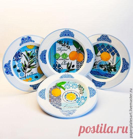 Лимонный набор из 4-x тарелочек - тарелки ручной работы, панно настенные, панно на стену, панно декоративные, декор для интерьера, из газетных трубочек, декор для дома, декор стен, тарелки настенные, плетение из газет, плетение из бумажной лозы, декор интерьера