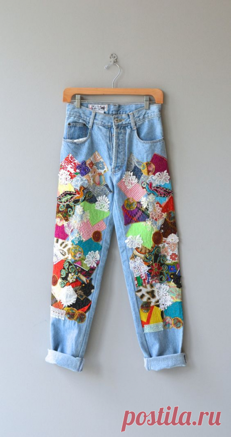 (82) Happy Patchwork jeans • vintage 1980s denim • high waist 80s colorful jeans