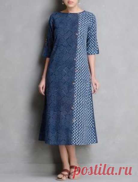 Buy Indigo Ivory Coral Dabu Printed Button Detail Cotton Dress by Indian August Online at Jaypore.com