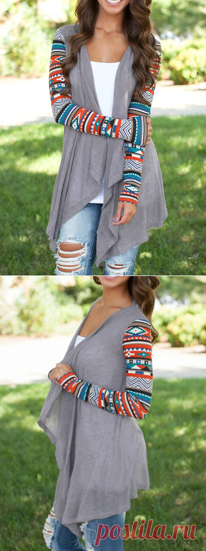 Grey Geometric Print Drape Front Knit Cardigan -SheIn(Sheinside)