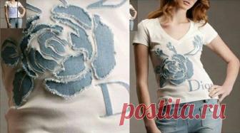 Джинсовая аппликация Dior
http://secondstreet.ru/blog/applikacii/dzhinsovaja-ap..

Мне кажется, повторить такую футболку несложно.