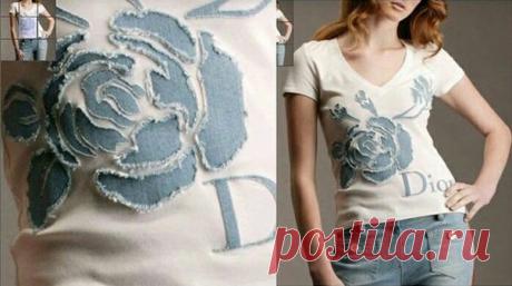 Джинсовая аппликация Dior
https://secondstreet.ru/blog/applikacii/dzhinsovaja-ap..

Мне кажется, повторить такую футболку несложно.