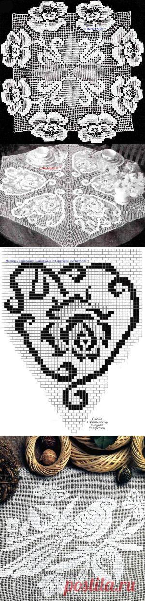 Вязание крючком - филейная техника -розы для салфеток, воротников и манишек