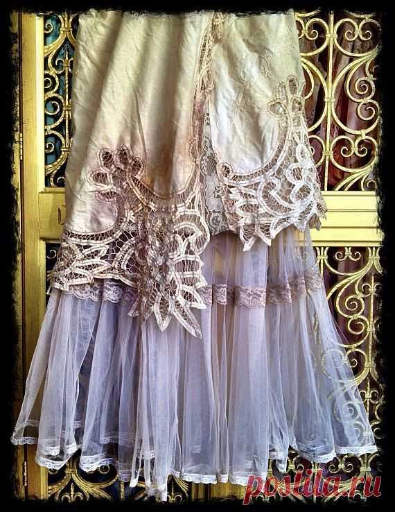 Ivory tea stained & bone lace cutwork tulle boho maxi wedding dress by mermaid…