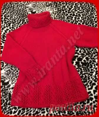 Свитер-реглан с ажурными вставками спицами. Описание