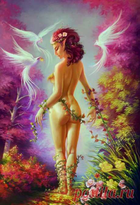 Фото Обнажённая эльфийка с райскими птицами, страница
