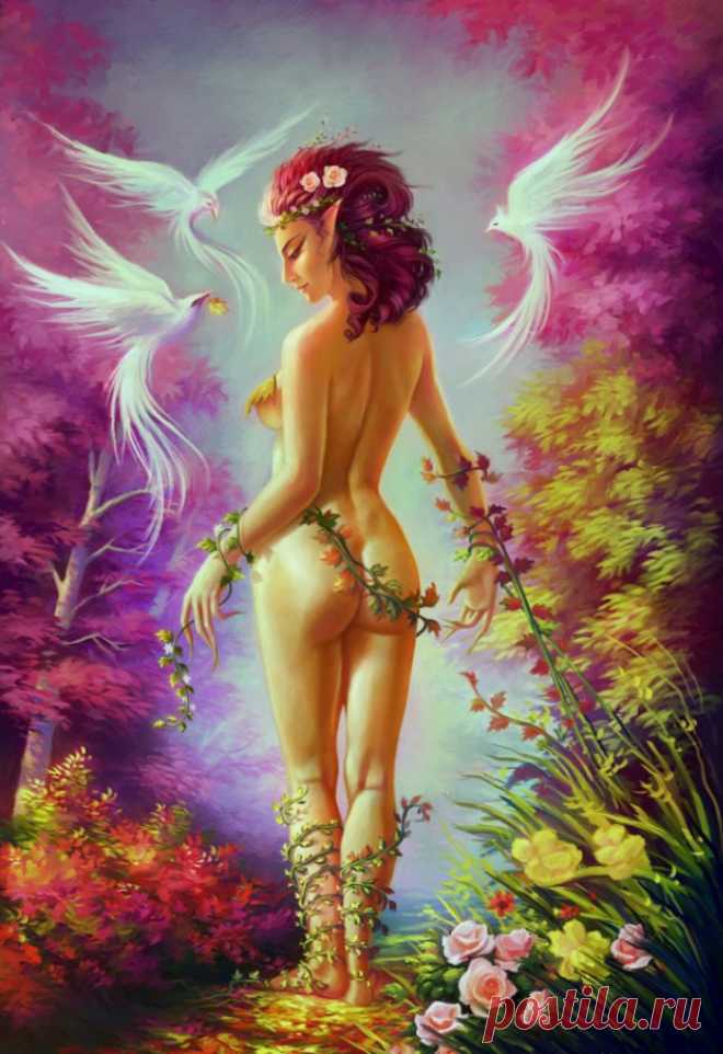 Фото Обнажённая эльфийка с райскими птицами, страница
